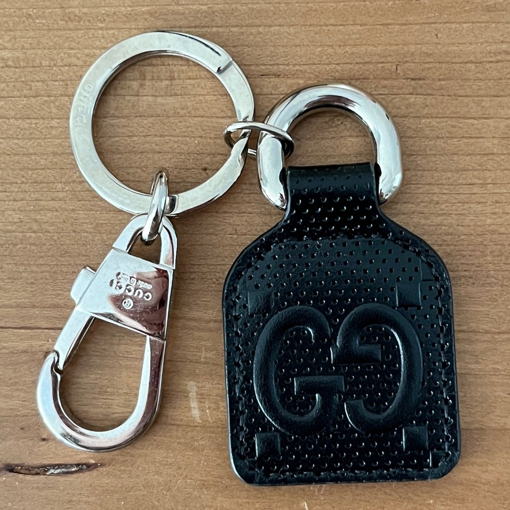 Gucci Black Leather Embossed GG Key Fob with Silver Hardware